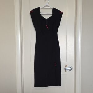Stop Staring! Retro Pinup Black Wiggle Pencil Dress with Red Buttons
